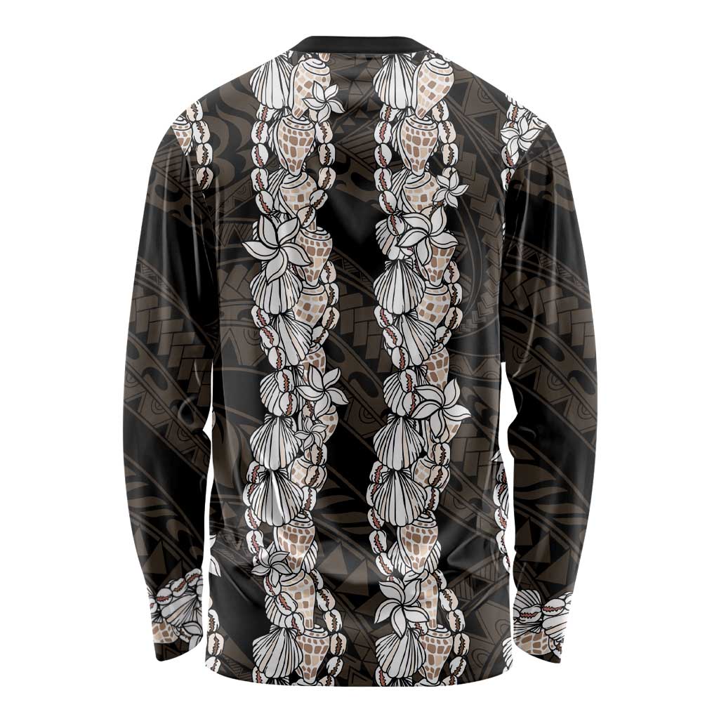 Black and Beige Hawaii Shell Lei Long Sleeve Shirt Hawaiian Sunrise Shell Hebrew Cone Plumeria - Polynesian Pride