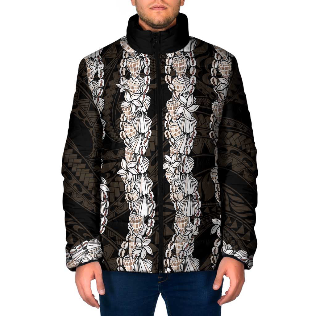 Black and Beige Hawaii Shell Lei Padded Jacket Hawaiian Sunrise Shell Hebrew Cone Plumeria - Polynesian Pride