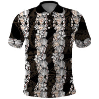 Black and Beige Hawaii Shell Lei Polo Shirt Hawaiian Sunrise Shell Hebrew Cone Plumeria - Polynesian Pride