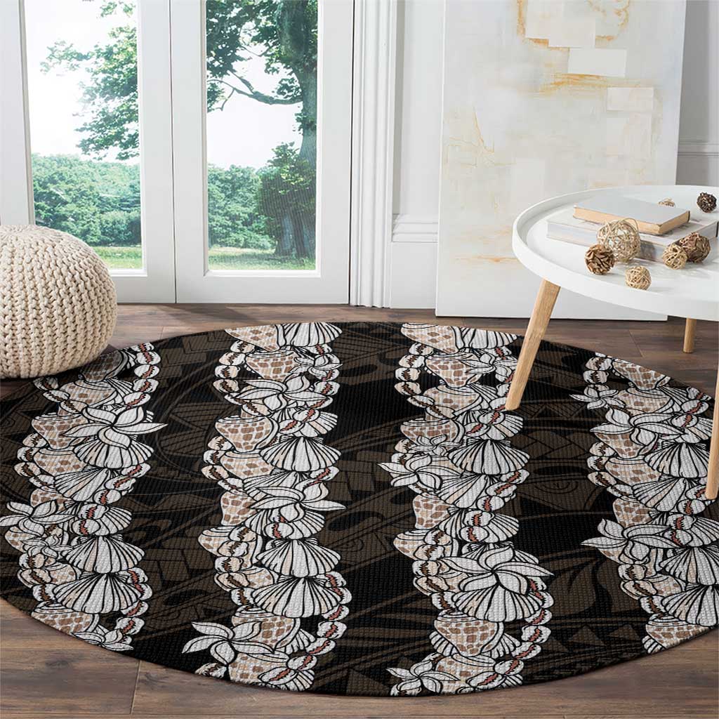 Black and Beige Hawaii Shell Lei Round Carpet Hawaiian Sunrise Shell Hebrew Cone Plumeria - Polynesian Pride
