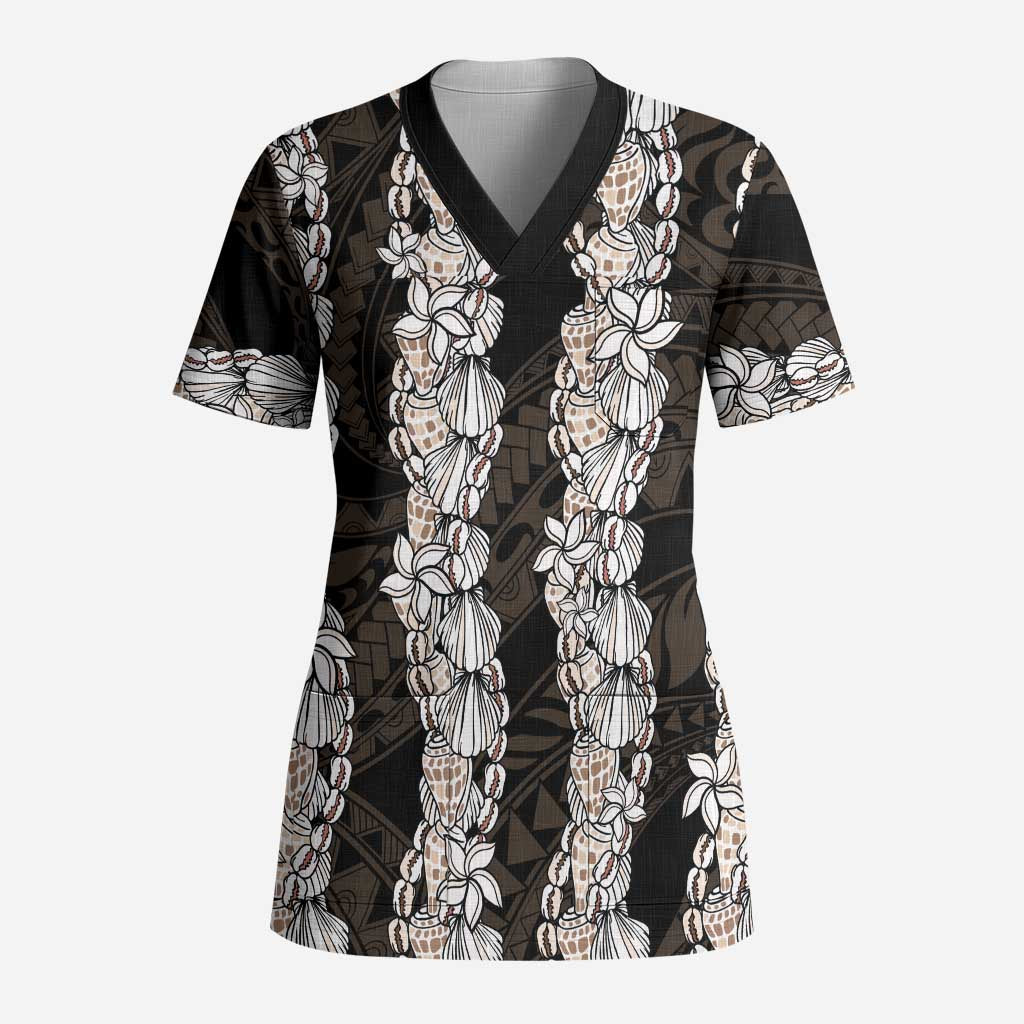 Black and Beige Hawaii Shell Lei Scrub Top Hawaiian Sunrise Shell Hebrew Cone Plumeria - Polynesian Pride