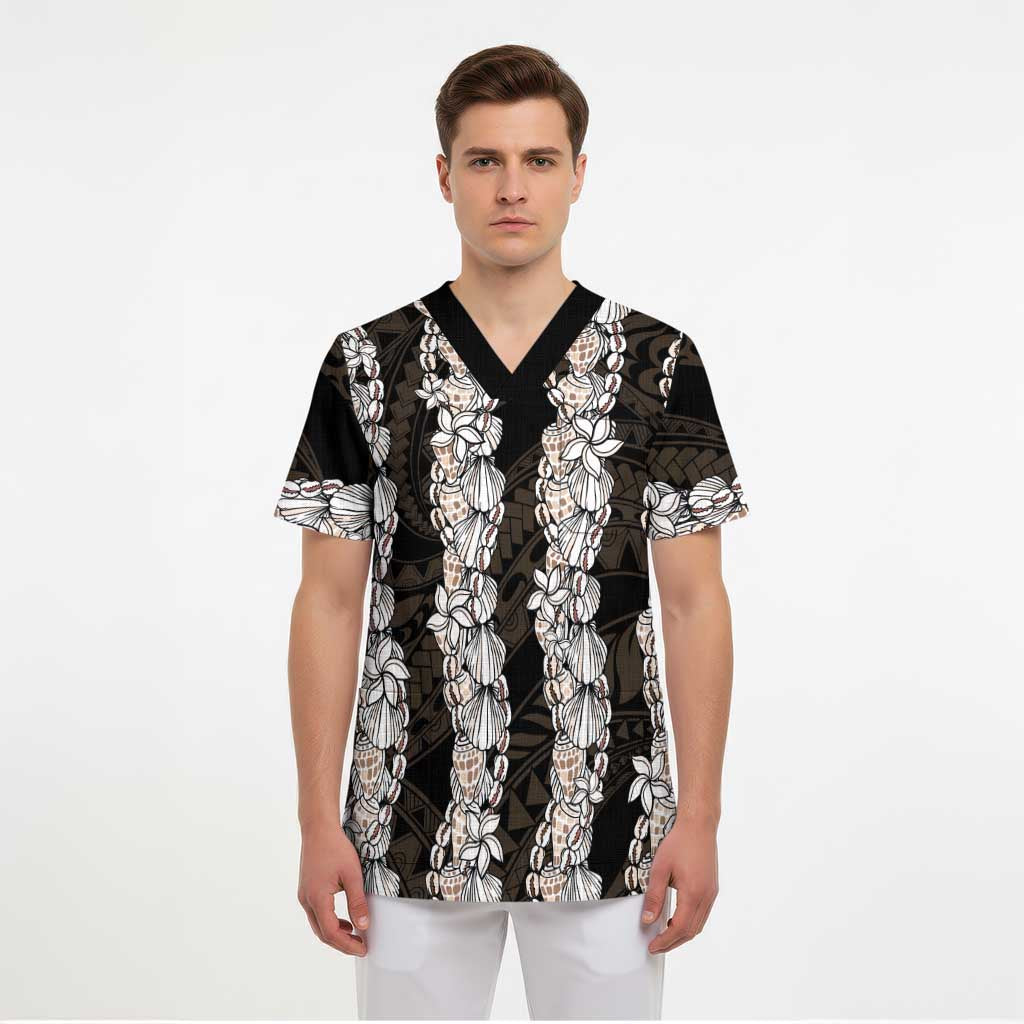 Black and Beige Hawaii Shell Lei Scrub Top Hawaiian Sunrise Shell Hebrew Cone Plumeria - Polynesian Pride