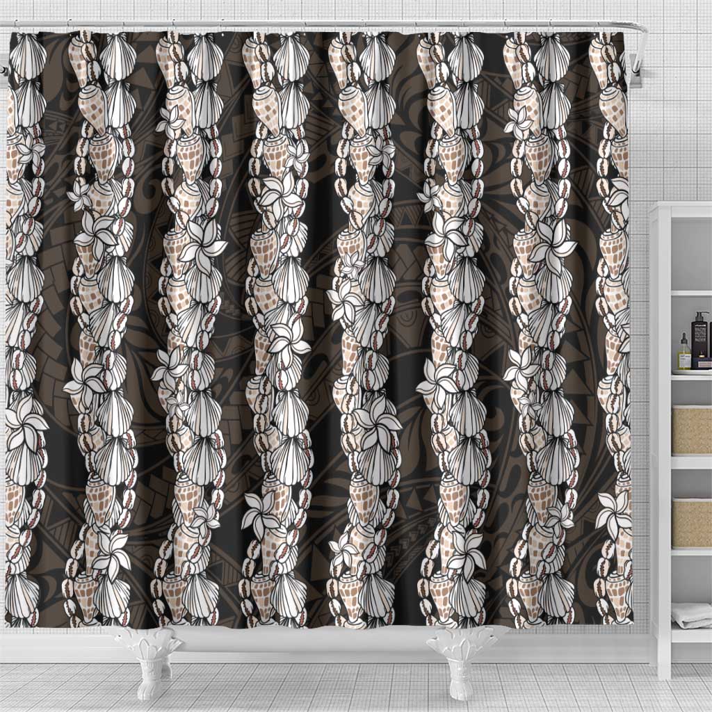 Black and Beige Hawaii Shell Lei Shower Curtain Hawaiian Sunrise Shell Hebrew Cone Plumeria - Polynesian Pride