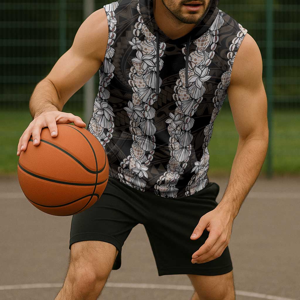 Black and Beige Hawaii Shell Lei Sleeveless Hoodie Hawaiian Sunrise Shell Hebrew Cone Plumeria - Polynesian Pride