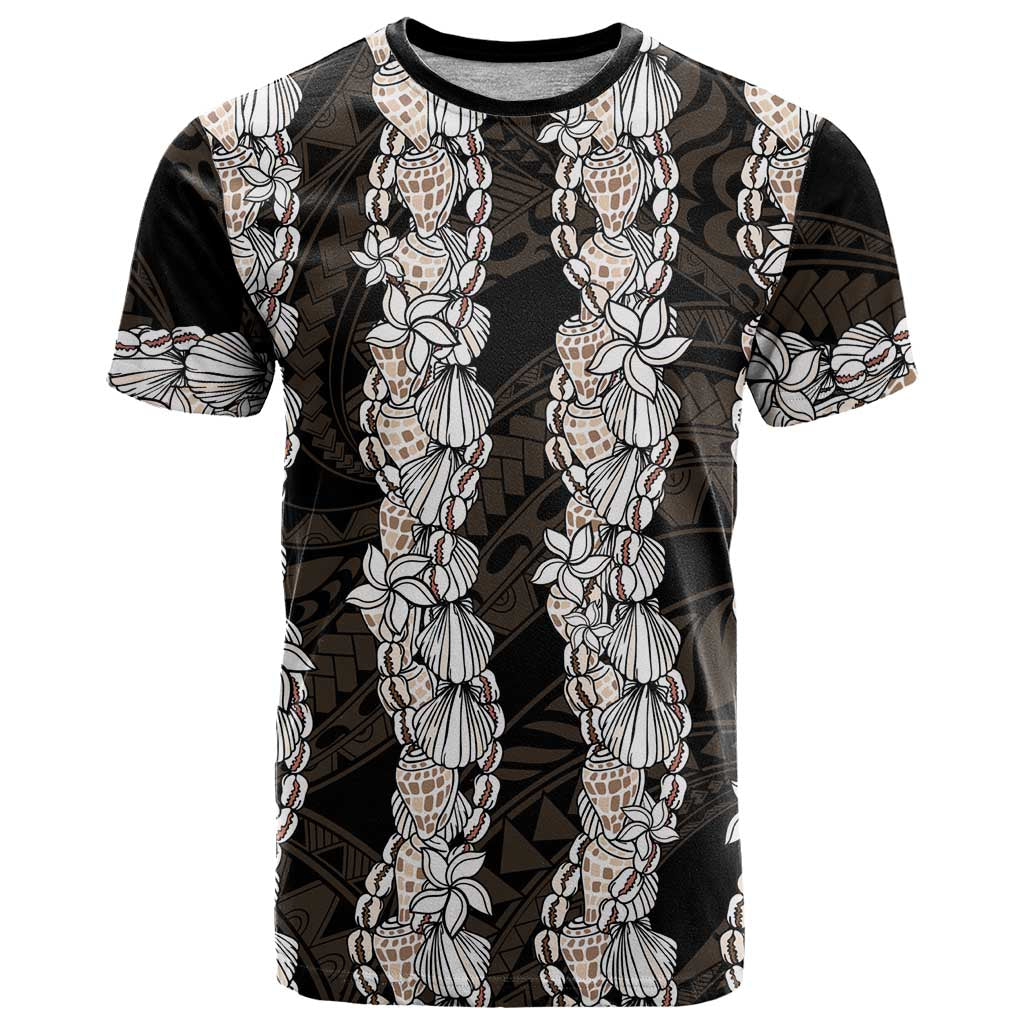 Black and Beige Hawaii Shell Lei T Shirt Hawaiian Sunrise Shell Hebrew Cone Plumeria - Polynesian Pride