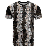Black and Beige Hawaii Shell Lei T Shirt Hawaiian Sunrise Shell Hebrew Cone Plumeria - Polynesian Pride