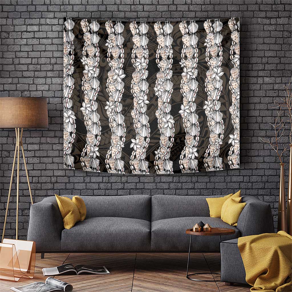 Black and Beige Hawaii Shell Lei Tapestry Hawaiian Sunrise Shell Hebrew Cone Plumeria - Polynesian Pride