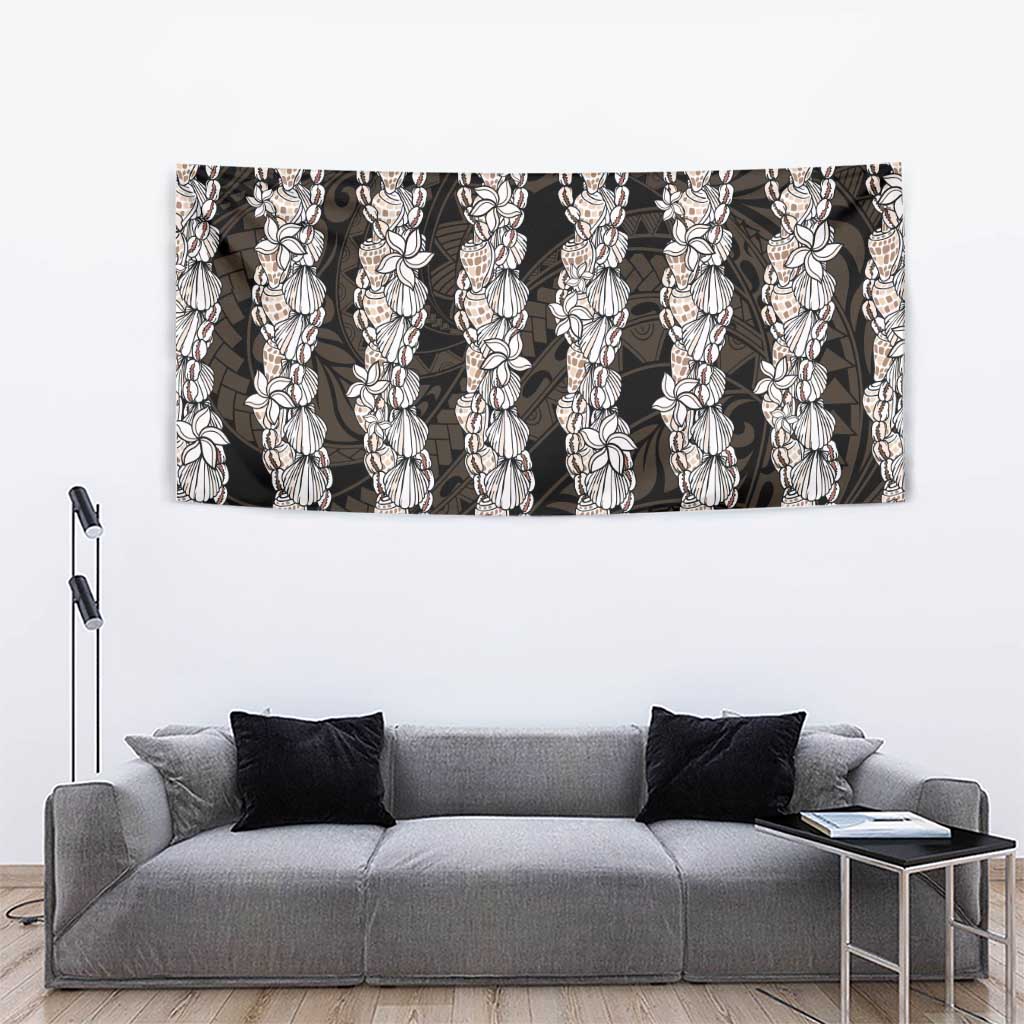 Black and Beige Hawaii Shell Lei Tapestry Hawaiian Sunrise Shell Hebrew Cone Plumeria - Polynesian Pride
