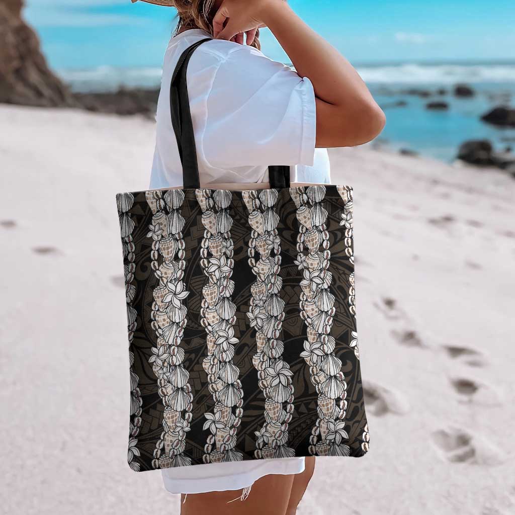 Black and Beige Hawaii Shell Lei Tote Bag Hawaiian Sunrise Shell Hebrew Cone Plumeria - Polynesian Pride
