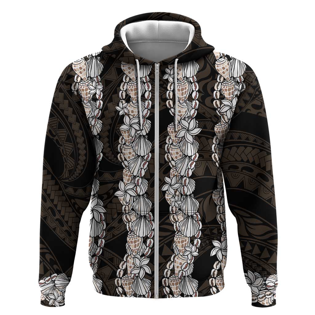 Black and Beige Hawaii Shell Lei Zip Hoodie Hawaiian Sunrise Shell Hebrew Cone Plumeria - Polynesian Pride
