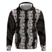 Black and Beige Hawaii Shell Lei Zip Hoodie Hawaiian Sunrise Shell Hebrew Cone Plumeria - Polynesian Pride