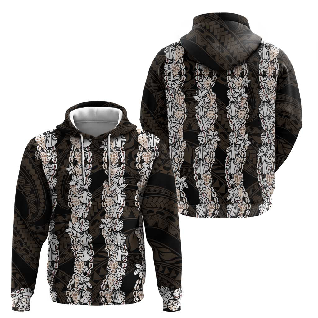Black and Beige Hawaii Shell Lei Zip Hoodie Hawaiian Sunrise Shell Hebrew Cone Plumeria - Polynesian Pride