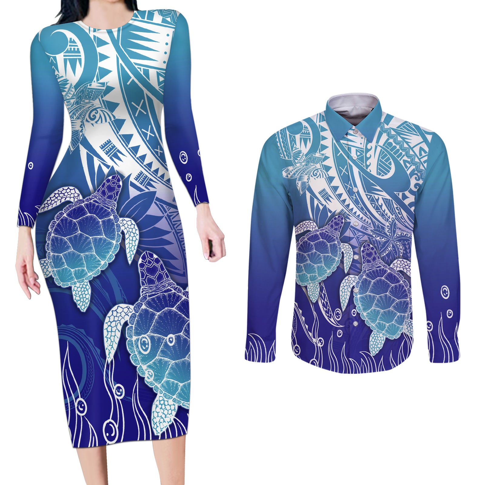 Polynesia Sea Turtle Couples Matching Long Sleeve Bodycon Dress and Long Sleeve Button Shirt Happy Valentine Day Polynesian - Dark Cyan LT14 Dark Cyan - Polynesian Pride