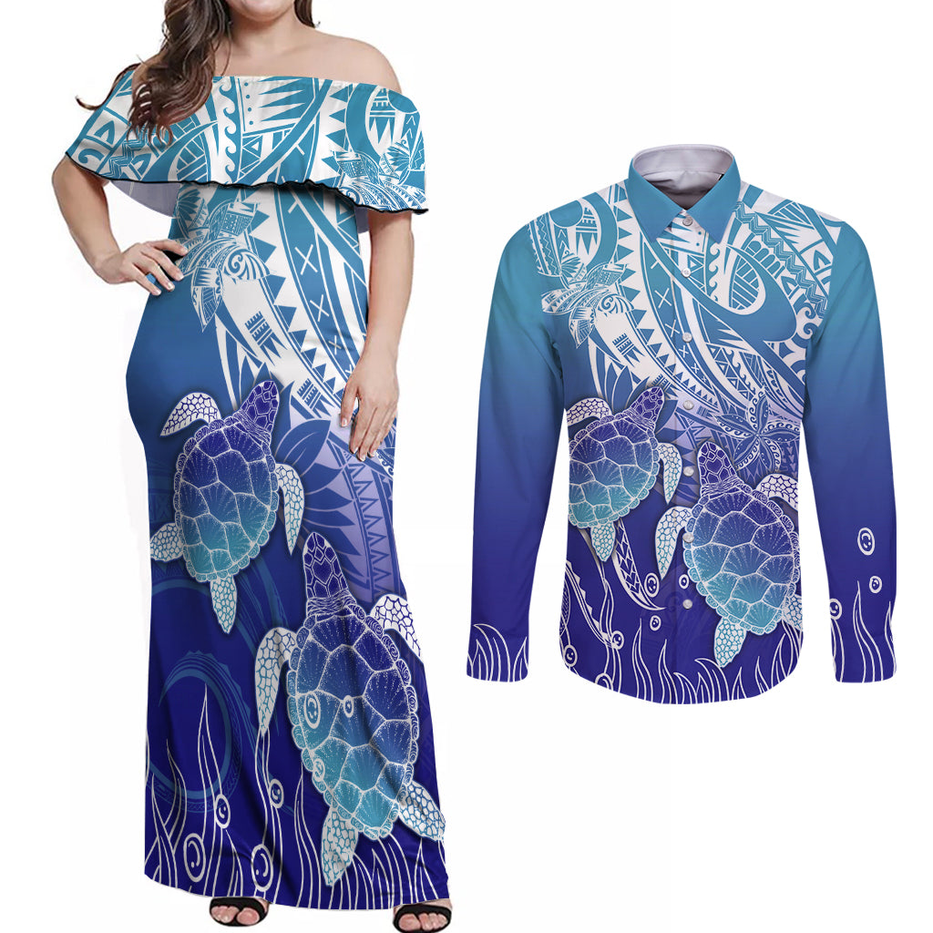 Polynesia Sea Turtle Couples Matching Off Shoulder Maxi Dress and Long Sleeve Button Shirt Happy Valentine Day Polynesian - Dark Cyan LT14 Dark Cyan - Polynesian Pride