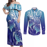 Polynesia Sea Turtle Couples Matching Off Shoulder Maxi Dress and Long Sleeve Button Shirt Happy Valentine Day Polynesian - Dark Cyan LT14 Dark Cyan - Polynesian Pride