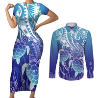 Polynesia Sea Turtle Couples Matching Short Sleeve Bodycon Dress and Long Sleeve Button Shirt Happy Valentine Day Polynesian - Dark Cyan LT14 Dark Cyan - Polynesian Pride