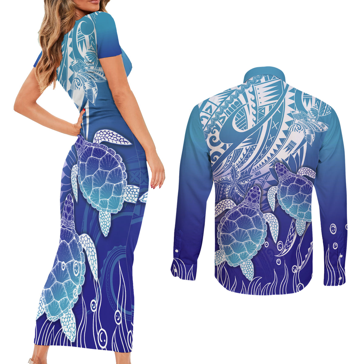 Polynesia Sea Turtle Couples Matching Short Sleeve Bodycon Dress and Long Sleeve Button Shirt Happy Valentine Day Polynesian - Dark Cyan LT14 - Polynesian Pride