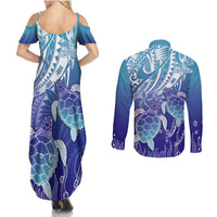 Polynesia Sea Turtle Couples Matching Summer Maxi Dress and Long Sleeve Button Shirt Happy Valentine Day Polynesian - Dark Cyan LT14 - Polynesian Pride
