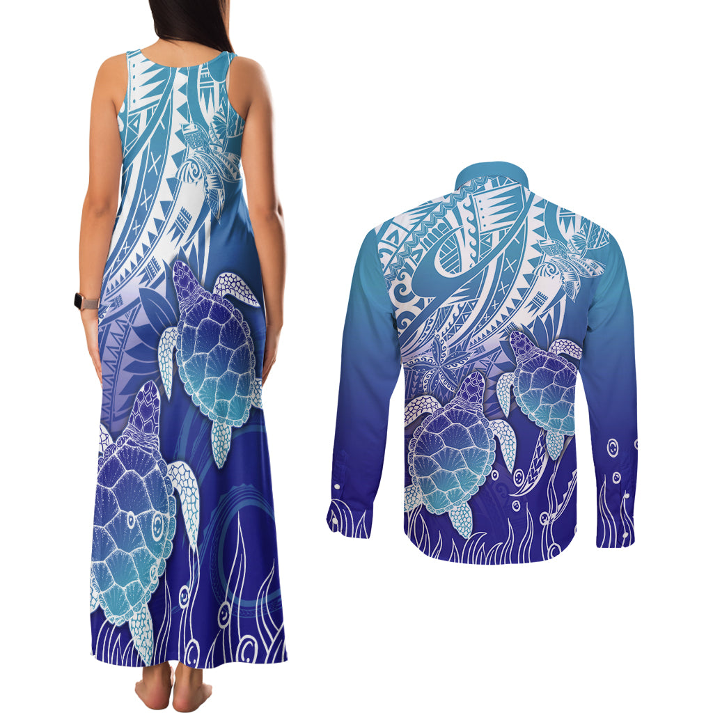 Polynesia Sea Turtle Couples Matching Tank Maxi Dress and Long Sleeve Button Shirt Happy Valentine Day Polynesian - Dark Cyan LT14 - Polynesian Pride