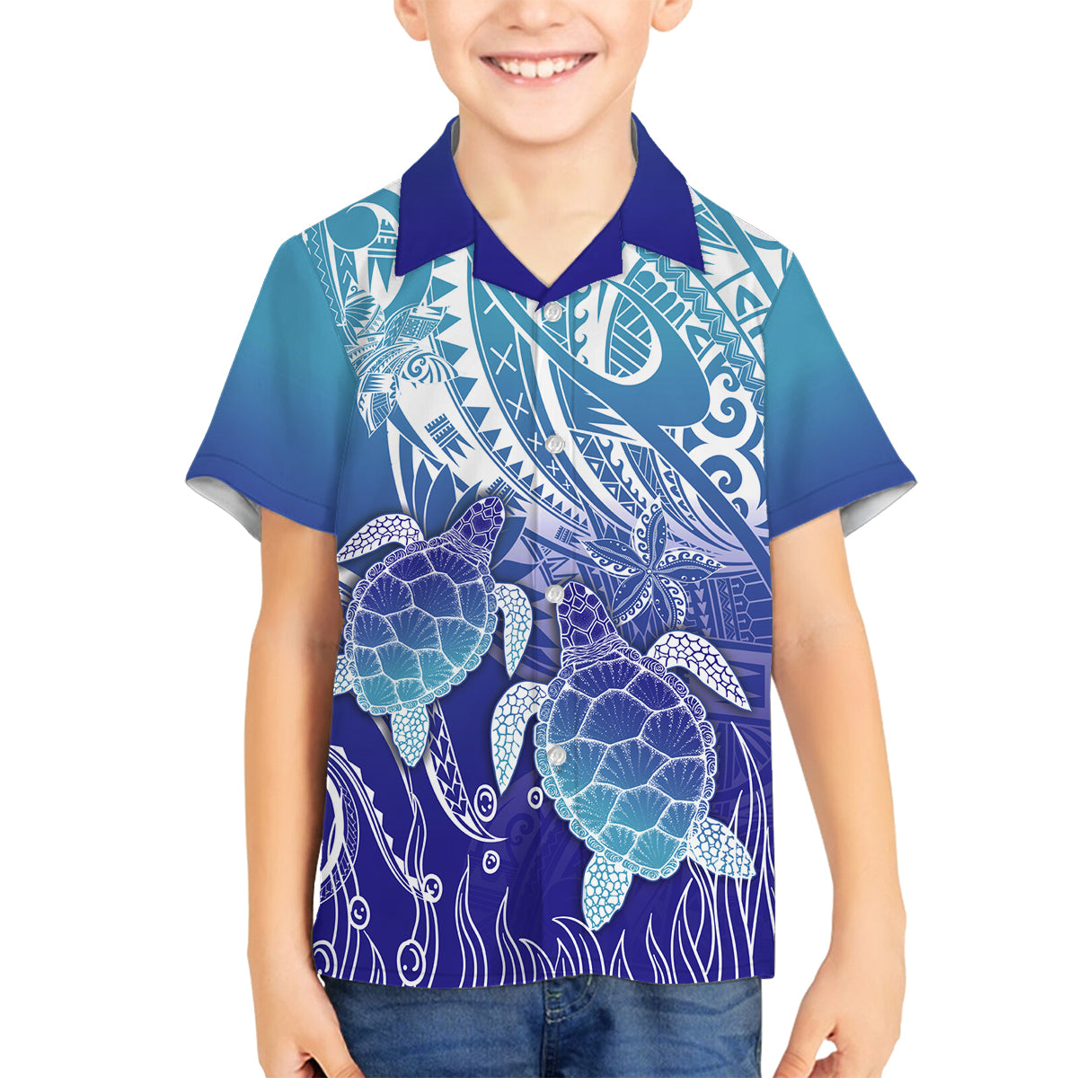 Polynesia Sea Turtle Family Matching Long Sleeve Bodycon Dress and Hawaiian Shirt Happy Valentine Day Polynesian - Dark Cyan LT14 Son's Shirt Dark Cyan - Polynesian Pride