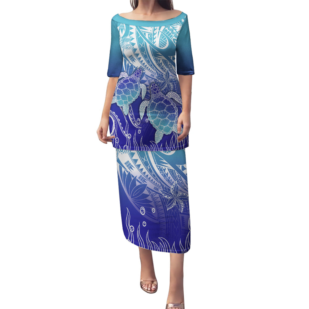 Polynesia Sea Turtle Family Matching Puletasi Dress and Hawaiian Shirt Happy Valentine Day Polynesian - Dark Cyan LT14 Mom's Dress Dark Cyan - Polynesian Pride
