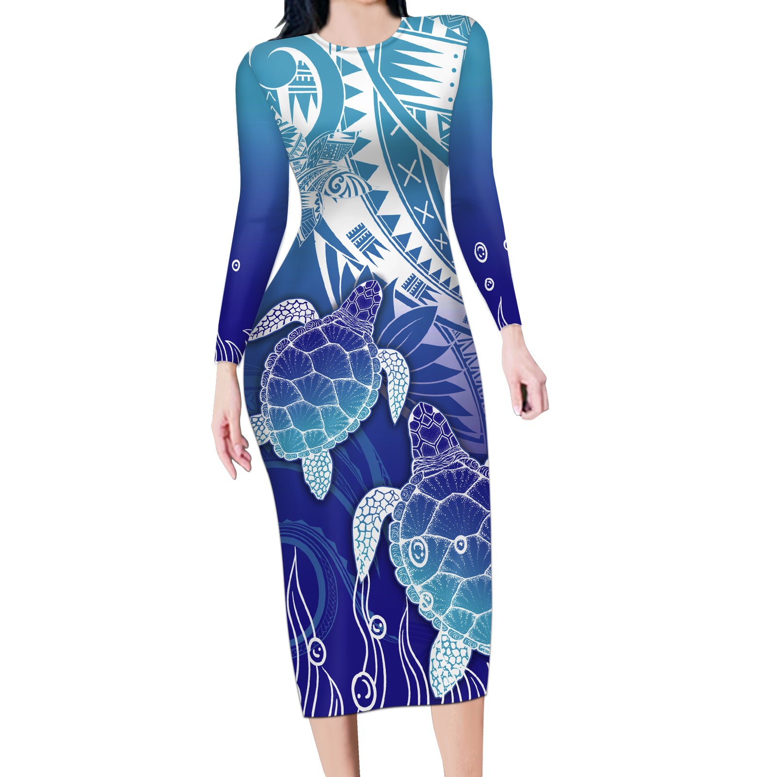 Polynesia Sea Turtle Long Sleeve Bodycon Dress Happy Valentine Day Polynesian - Dark Cyan LT14 Long Dress Dark Cyan - Polynesian Pride