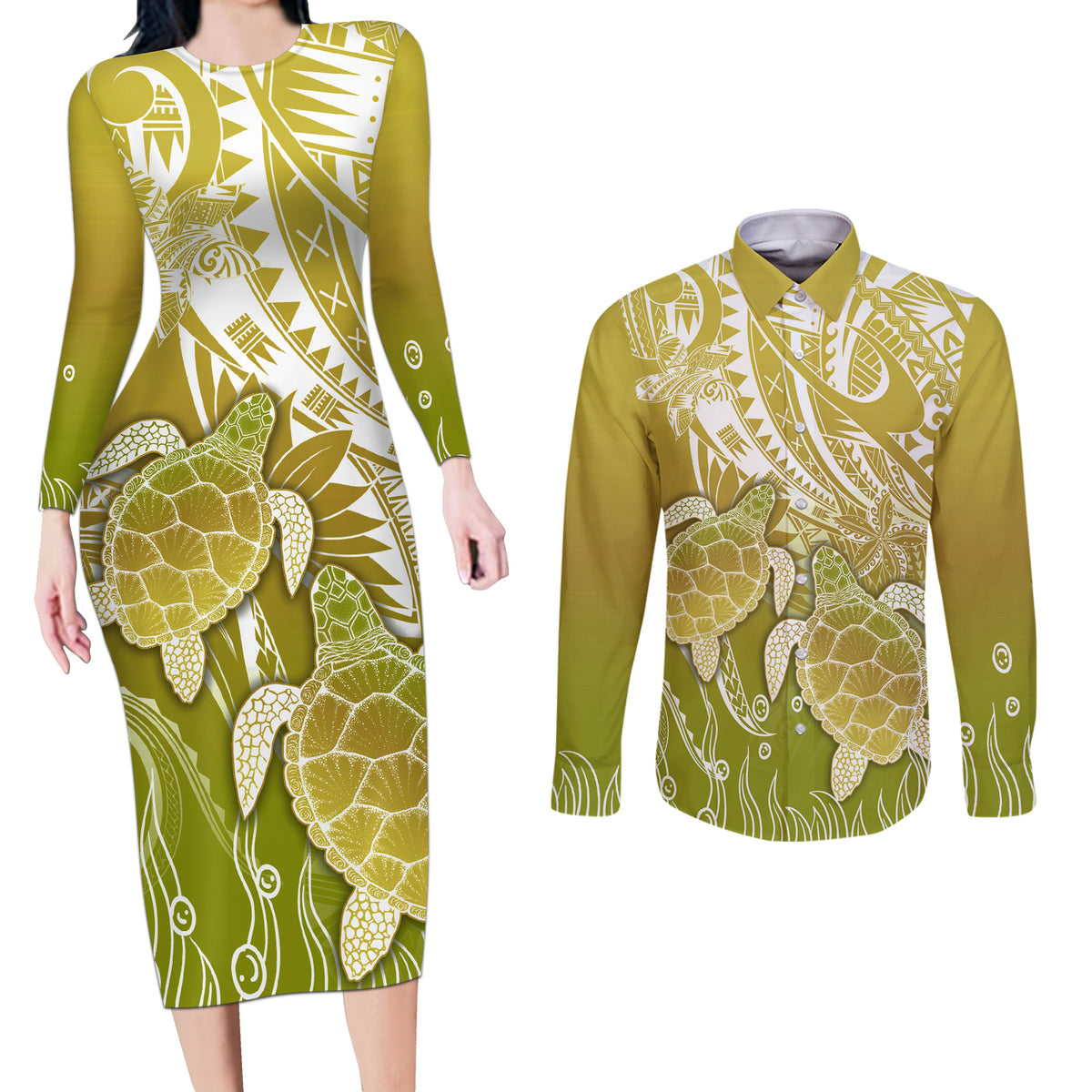 Polynesia Sea Turtle Couples Matching Long Sleeve Bodycon Dress and Long Sleeve Button Shirt Happy Valentine Day Polynesian - Gold LT14 Gold - Polynesian Pride