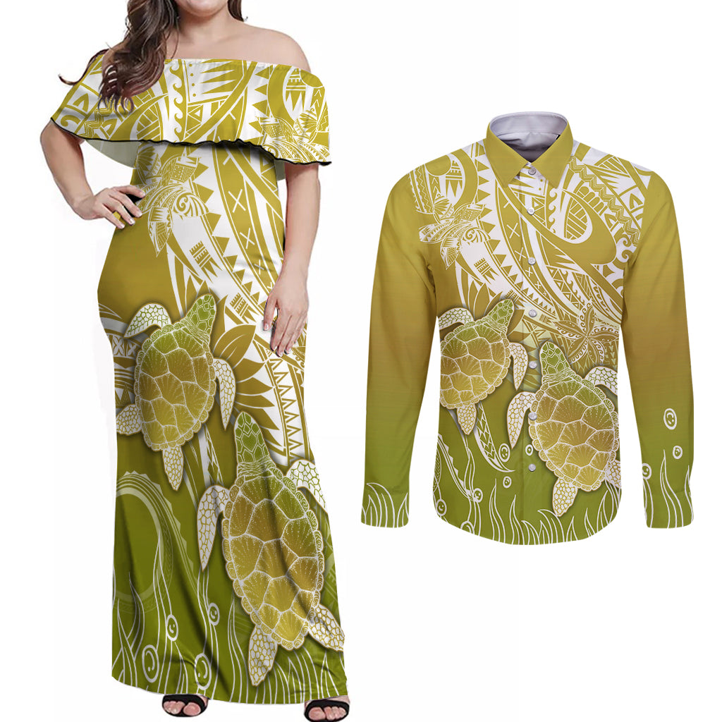 Polynesia Sea Turtle Couples Matching Off Shoulder Maxi Dress and Long Sleeve Button Shirt Happy Valentine Day Polynesian - Gold LT14 Gold - Polynesian Pride