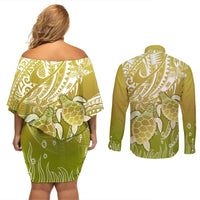 Polynesia Sea Turtle Couples Matching Off Shoulder Short Dress and Long Sleeve Button Shirt Happy Valentine Day Polynesian - Gold LT14 - Polynesian Pride