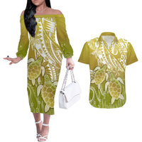 Polynesia Sea Turtle Couples Matching Off The Shoulder Long Sleeve Dress and Hawaiian Shirt Happy Valentine Day Polynesian - Gold LT14 Gold - Polynesian Pride