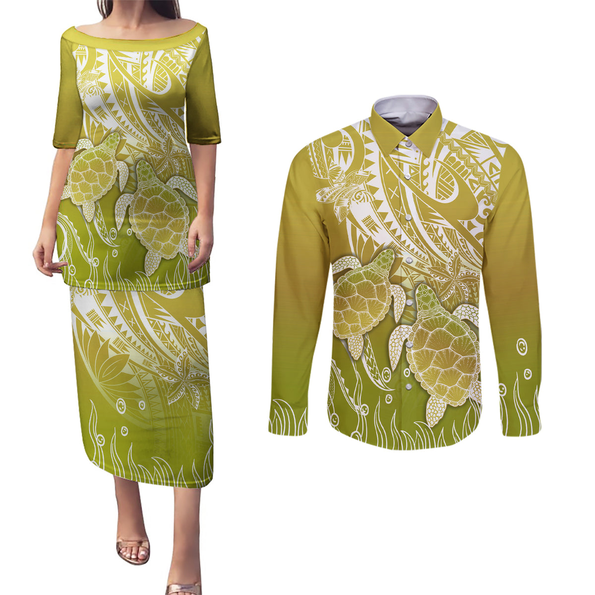 Polynesia Sea Turtle Couples Matching Puletasi Dress and Long Sleeve Button Shirt Happy Valentine Day Polynesian - Gold LT14 Gold - Polynesian Pride