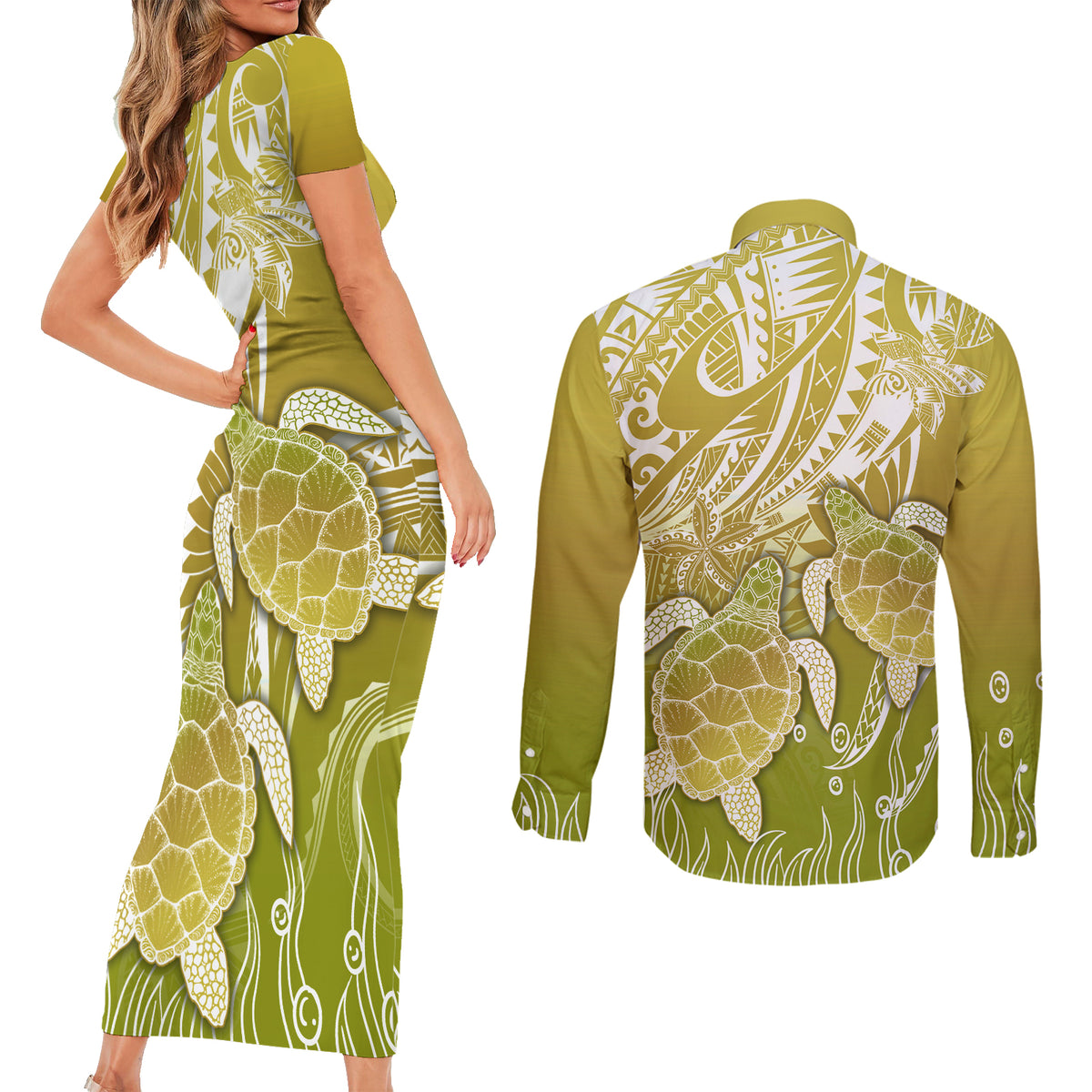 Polynesia Sea Turtle Couples Matching Short Sleeve Bodycon Dress and Long Sleeve Button Shirt Happy Valentine Day Polynesian - Gold LT14 - Polynesian Pride