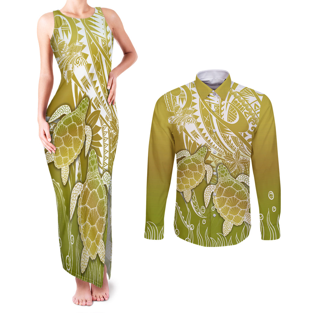 Polynesia Sea Turtle Couples Matching Tank Maxi Dress and Long Sleeve Button Shirt Happy Valentine Day Polynesian - Gold LT14 Gold - Polynesian Pride