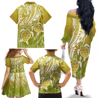 Polynesia Sea Turtle Family Matching Off Shoulder Long Sleeve Dress and Hawaiian Shirt Happy Valentine Day Polynesian - Gold LT14 - Polynesian Pride