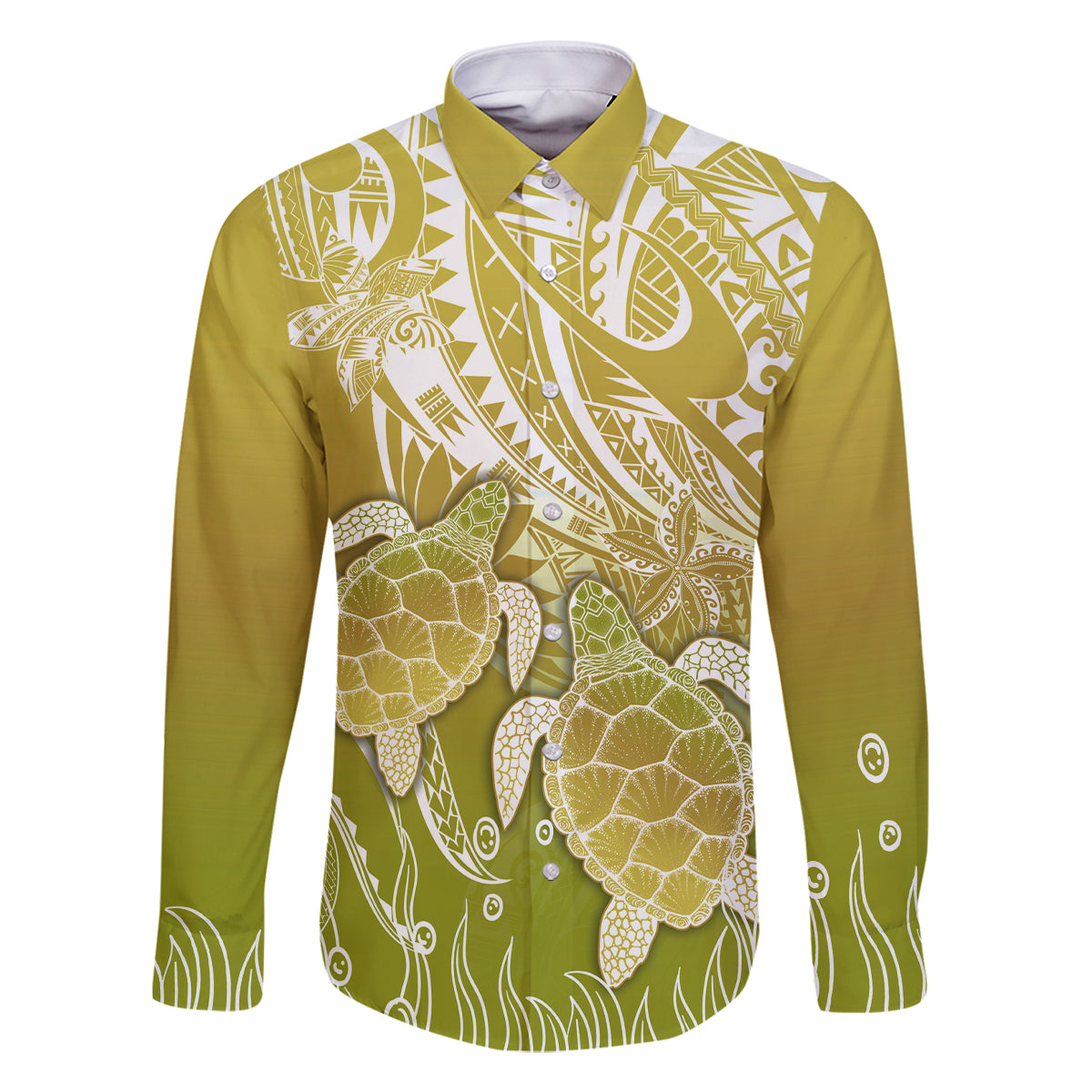 Polynesia Sea Turtle Family Matching Off Shoulder Short Dress and Hawaiian Shirt Happy Valentine Day Polynesian - Gold LT14 Dad's Shirt - Long Sleeve Gold - Polynesian Pride