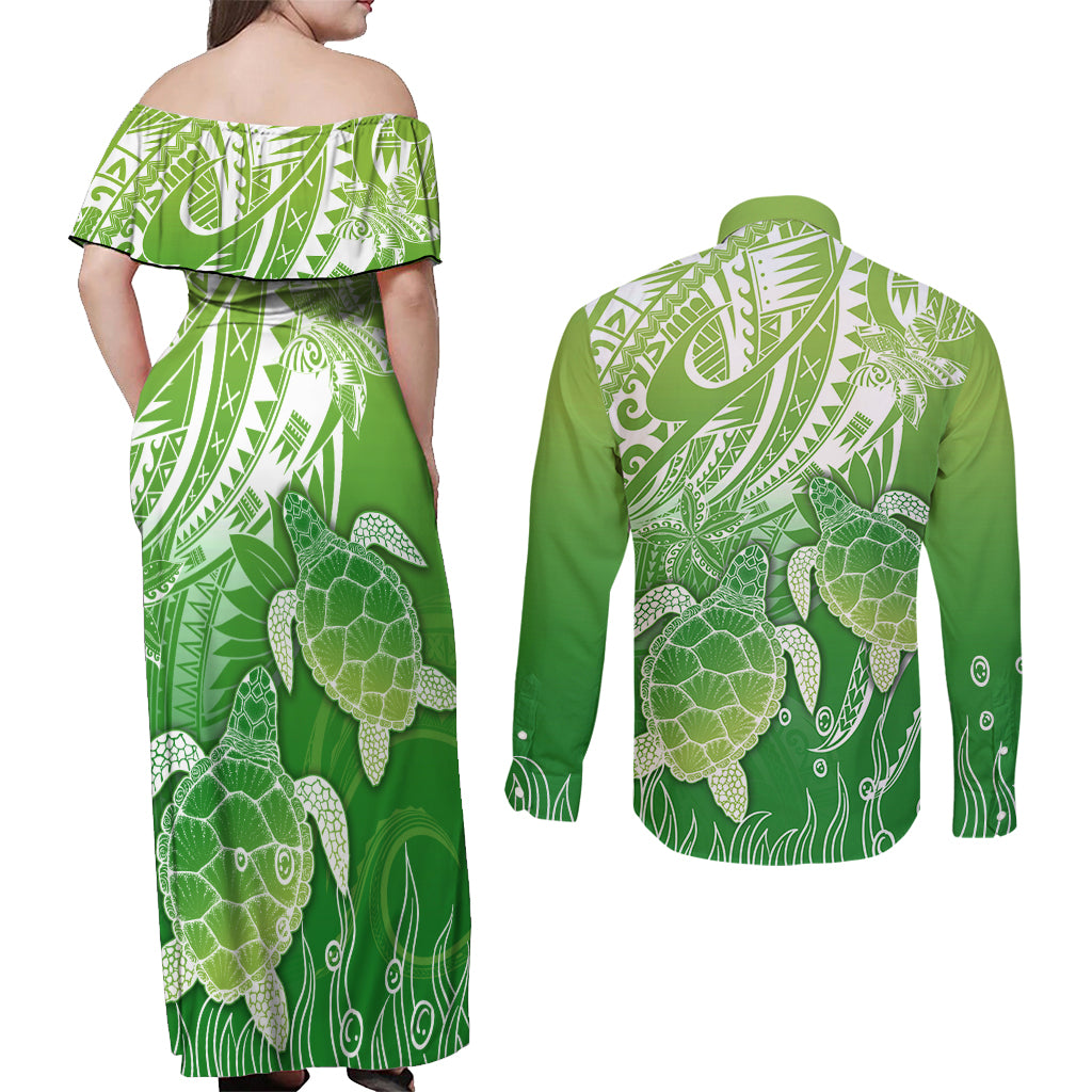 Polynesia Sea Turtle Couples Matching Off Shoulder Maxi Dress and Long Sleeve Button Shirt Happy Valentine Day Polynesian - Green LT14 - Polynesian Pride