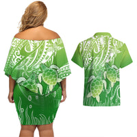 Polynesia Sea Turtle Couples Matching Off Shoulder Short Dress and Hawaiian Shirt Happy Valentine Day Polynesian - Green LT14 - Polynesian Pride