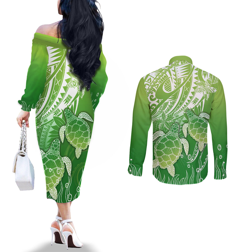 Polynesia Sea Turtle Couples Matching Off The Shoulder Long Sleeve Dress and Long Sleeve Button Shirt Happy Valentine Day Polynesian - Green LT14 - Polynesian Pride