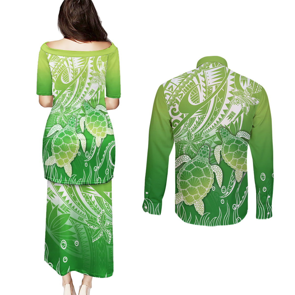 Polynesia Sea Turtle Couples Matching Puletasi Dress and Long Sleeve Button Shirt Happy Valentine Day Polynesian - Green LT14 - Polynesian Pride