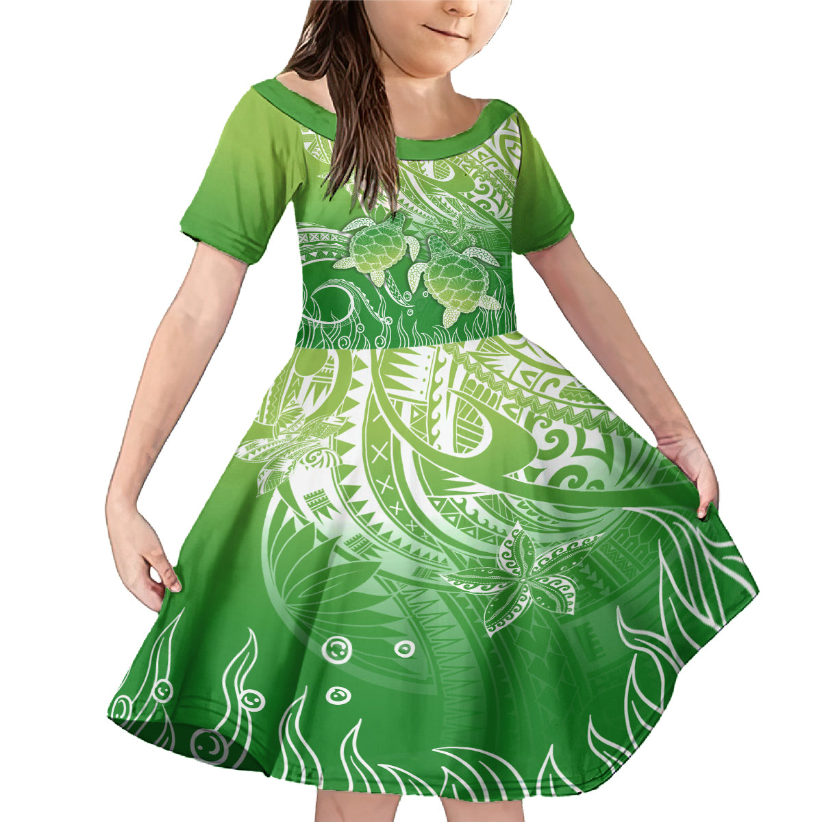 Polynesia Sea Turtle Family Matching Mermaid Dress and Hawaiian Shirt Happy Valentine Day Polynesian - Green LT14 Daughter's Dress Green - Polynesian Pride