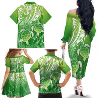 Polynesia Sea Turtle Family Matching Off Shoulder Long Sleeve Dress and Hawaiian Shirt Happy Valentine Day Polynesian - Green LT14 - Polynesian Pride