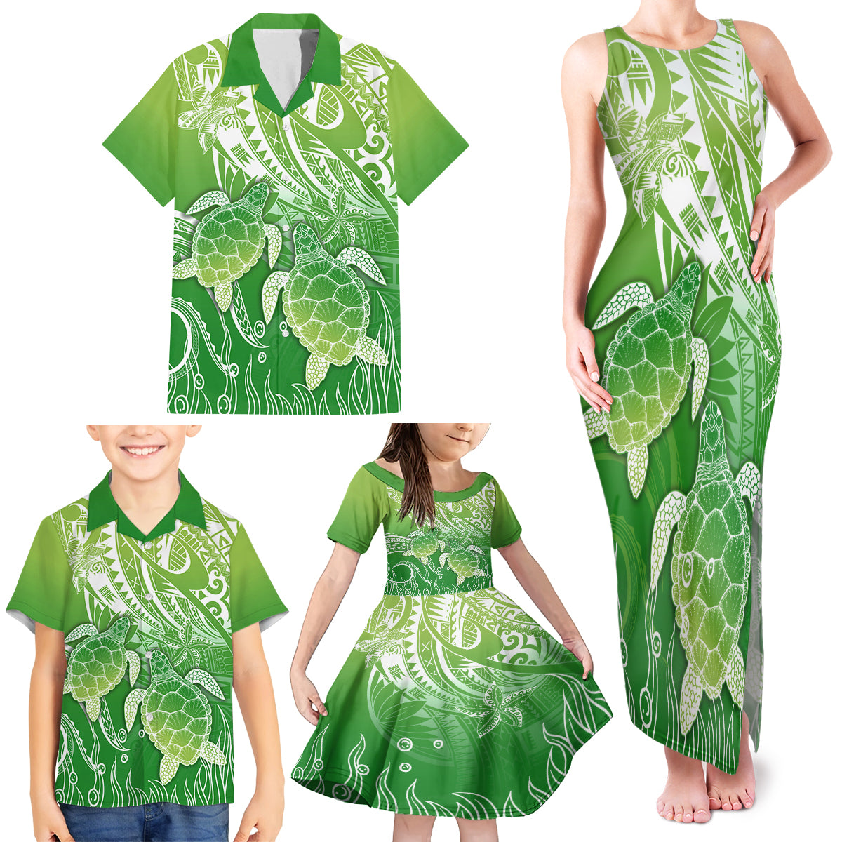 Polynesia Sea Turtle Family Matching Tank Maxi Dress and Hawaiian Shirt Happy Valentine Day Polynesian - Green LT14 - Polynesian Pride