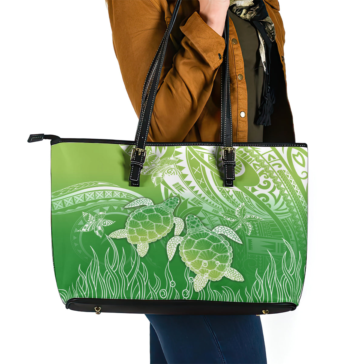 Polynesia Sea Turtle Leather Tote Bag Happy Valentine Day Polynesian - Green LT14 - Polynesian Pride