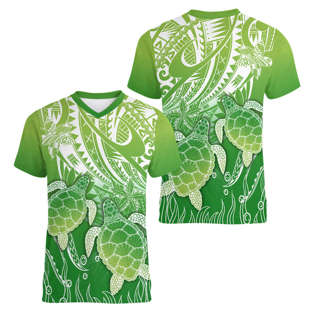 Polynesia Sea Turtle Women V Neck T Shirt Happy Valentine Day Polynesian - Green LT14 - Polynesian Pride