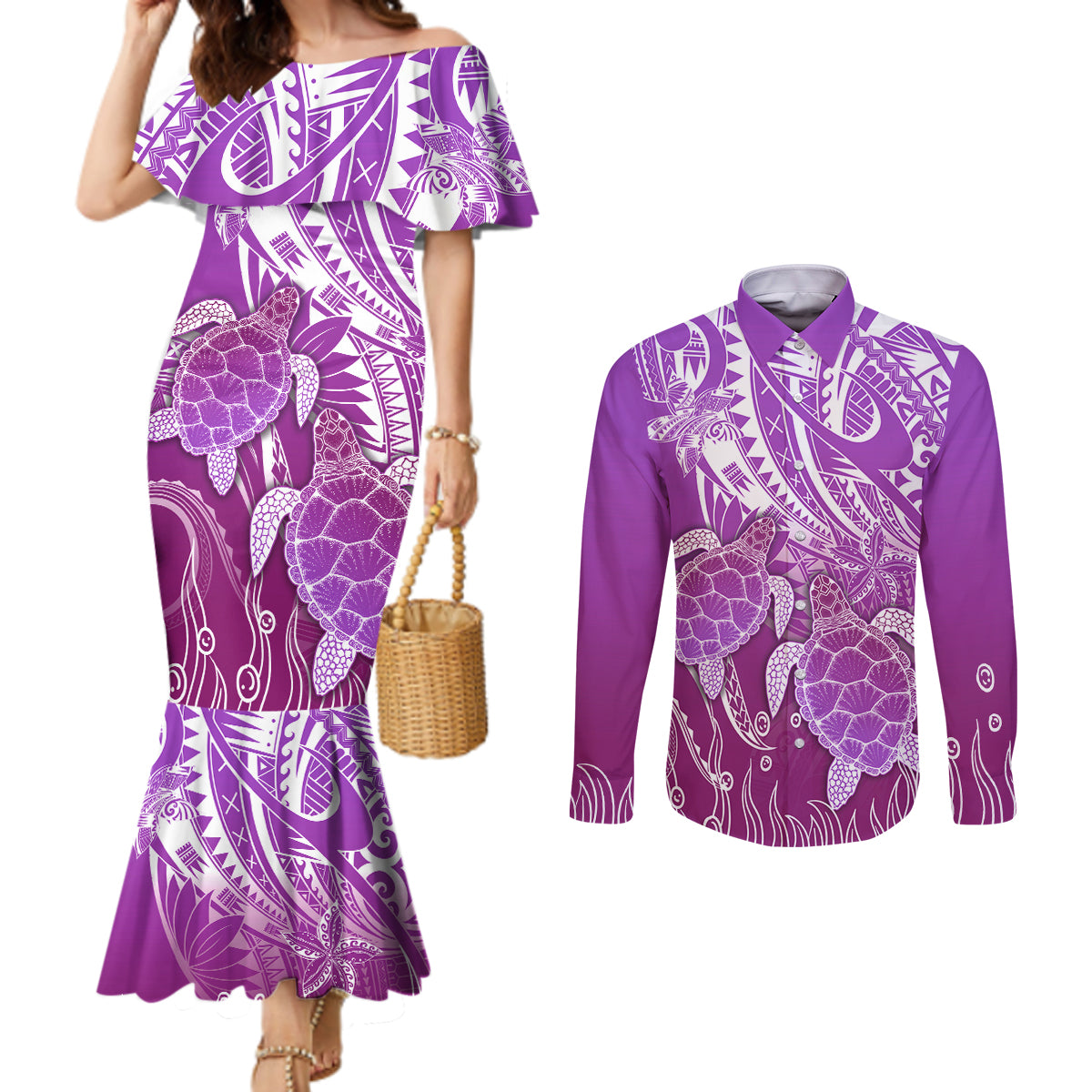 Polynesia Valentine Day Couples Matching Mermaid Dress and Long Sleeve Button Shirt Polynesian Sea Turtle Purple Version LT14 Purple - Polynesian Pride