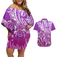 Polynesia Valentine Day Couples Matching Off Shoulder Short Dress and Hawaiian Shirt Polynesian Sea Turtle Purple Version LT14 Purple - Polynesian Pride