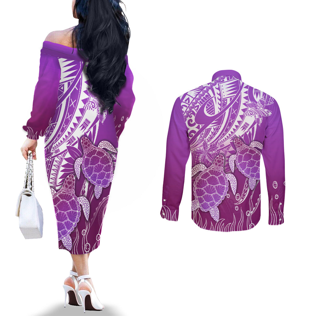 Polynesia Valentine Day Couples Matching Off The Shoulder Long Sleeve Dress and Long Sleeve Button Shirt Polynesian Sea Turtle Purple Version LT14 - Polynesian Pride