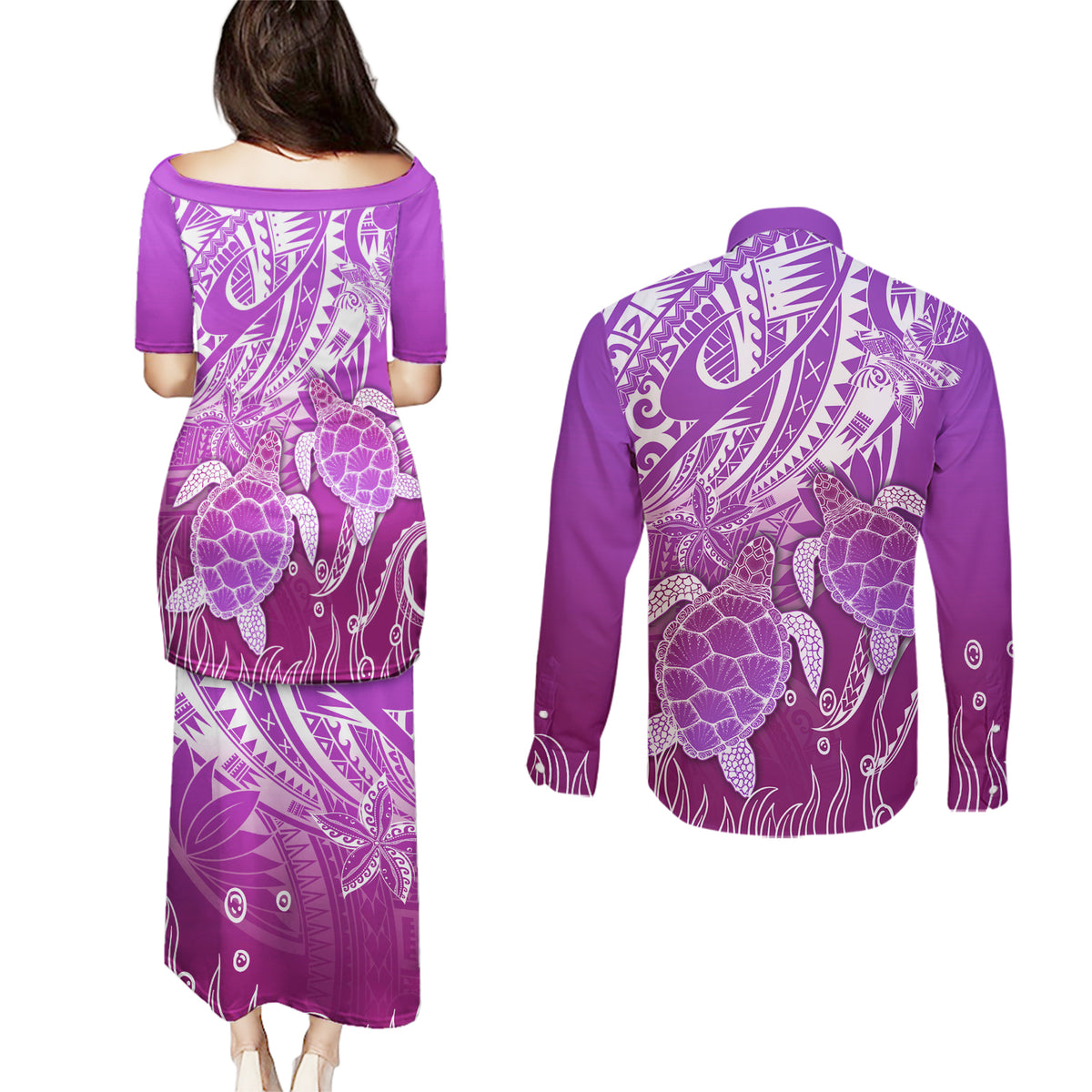 Polynesia Valentine Day Couples Matching Puletasi Dress and Long Sleeve Button Shirt Polynesian Sea Turtle Purple Version LT14 - Polynesian Pride