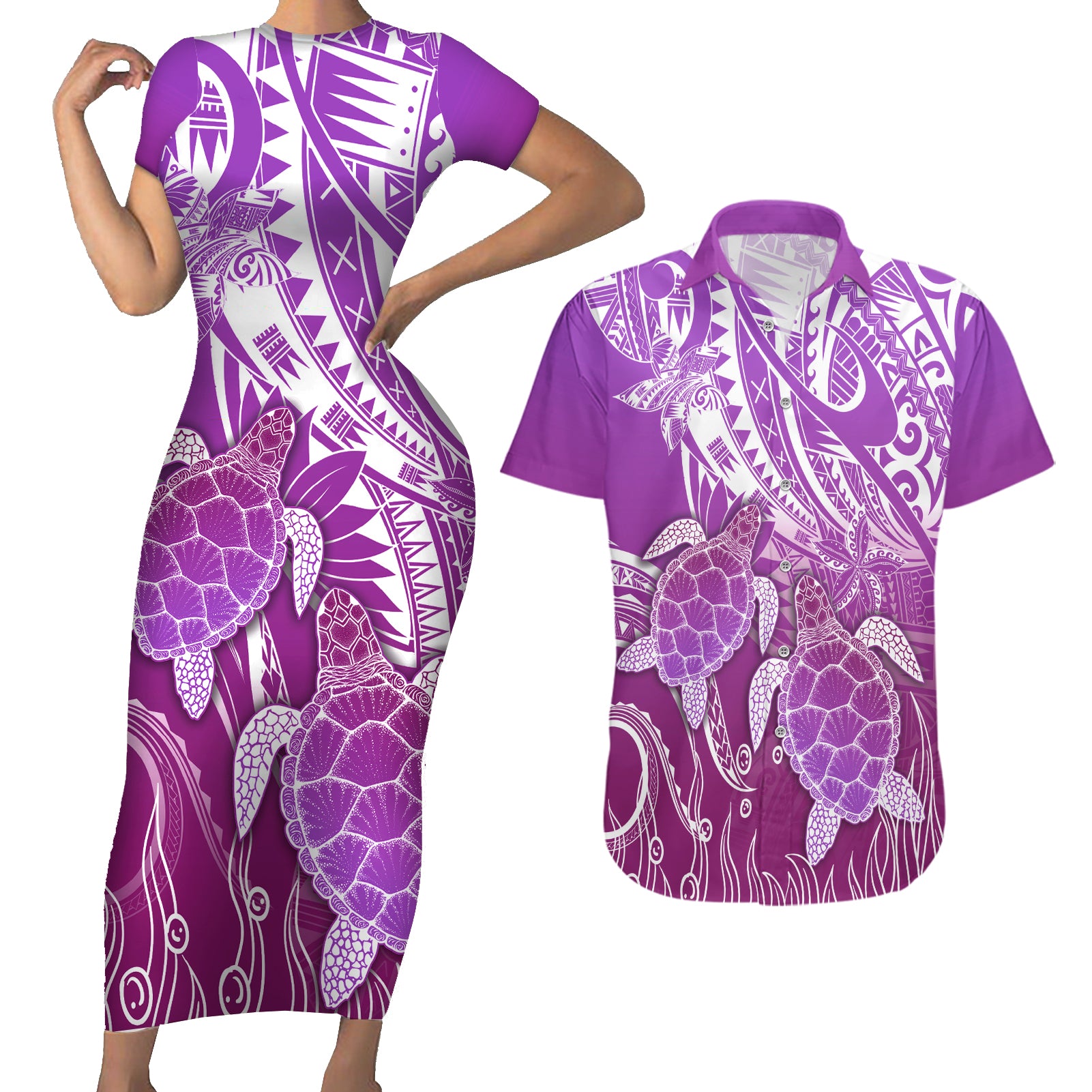 Polynesia Valentine Day Couples Matching Short Sleeve Bodycon Dress and Hawaiian Shirt Polynesian Sea Turtle Purple Version LT14 Purple - Polynesian Pride