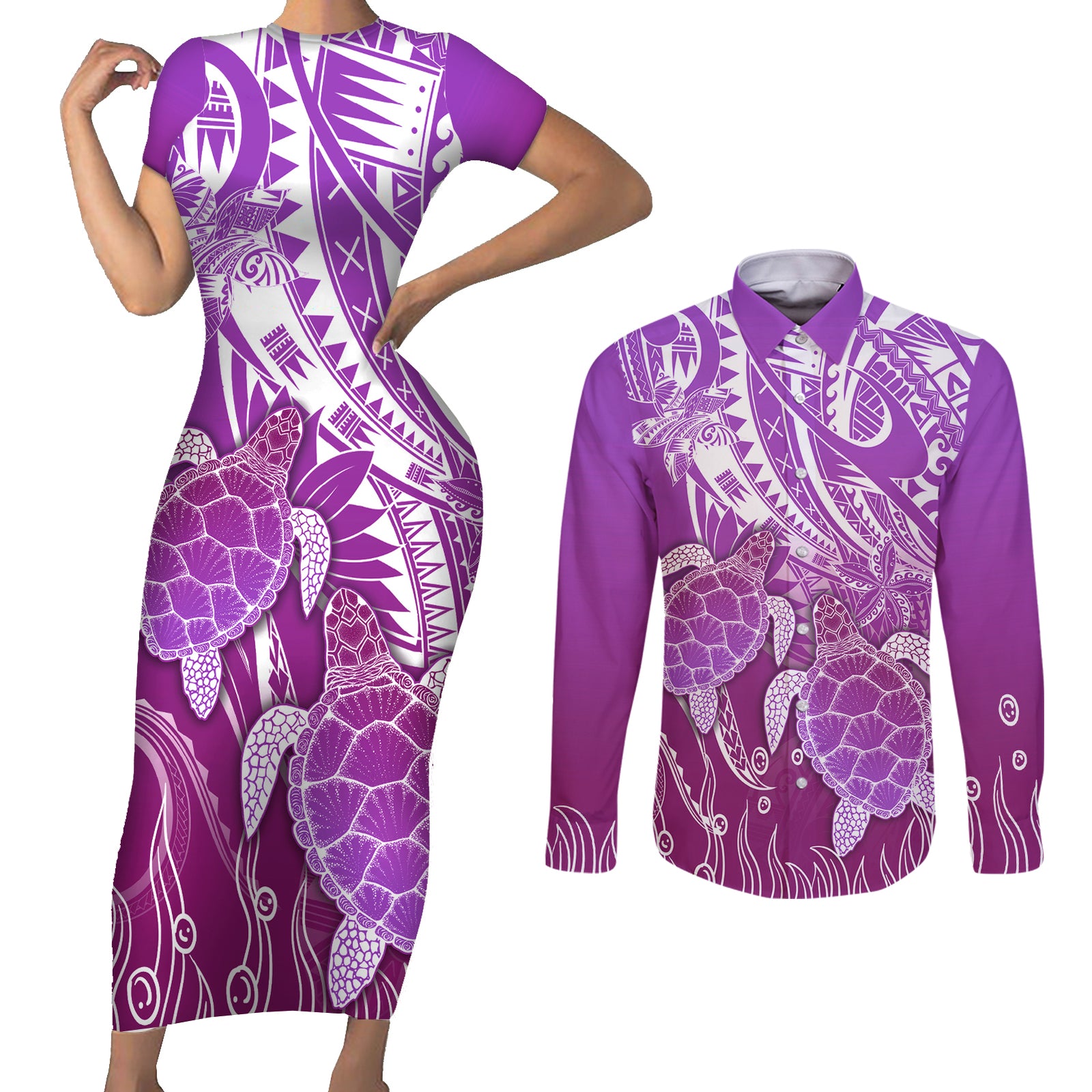 Polynesia Valentine Day Couples Matching Short Sleeve Bodycon Dress and Long Sleeve Button Shirt Polynesian Sea Turtle Purple Version LT14 Purple - Polynesian Pride